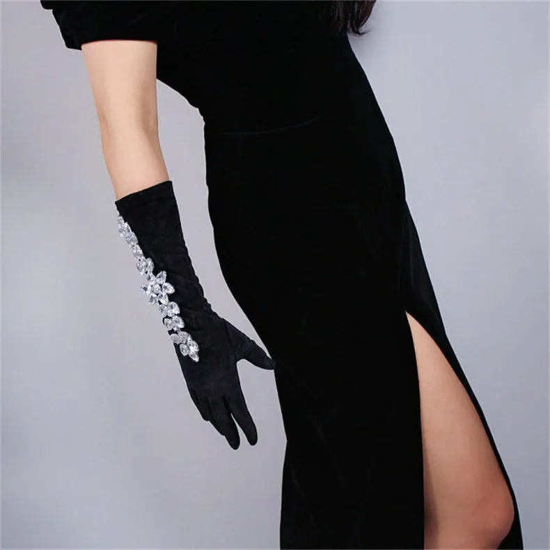 Rhinestone Black Velvet Gloves (40cm)