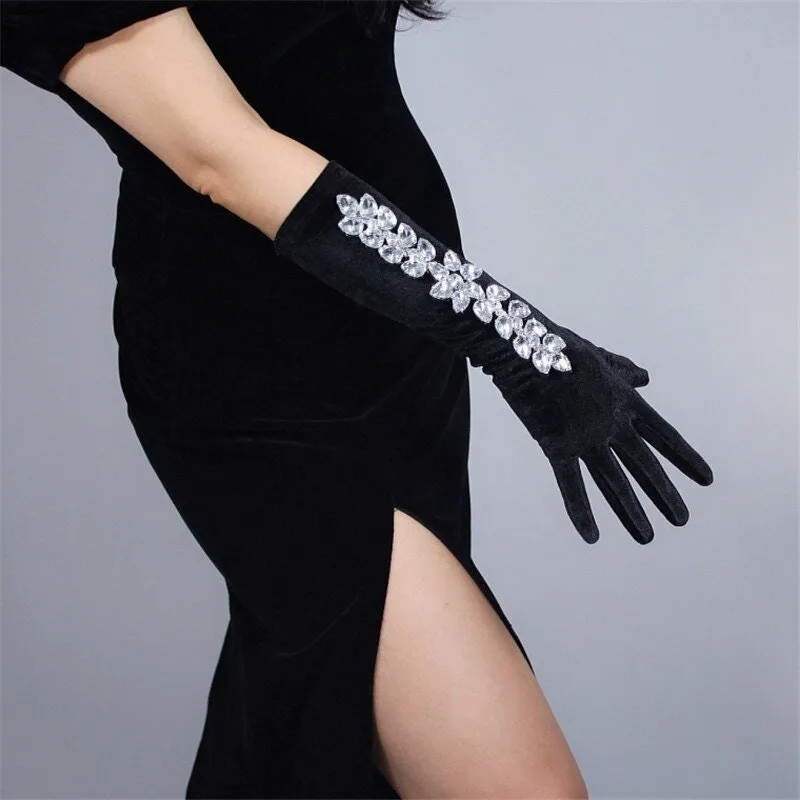 Rhinestone Black Velvet Gloves (40cm)