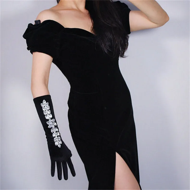 Rhinestone Black Velvet Gloves (40cm)