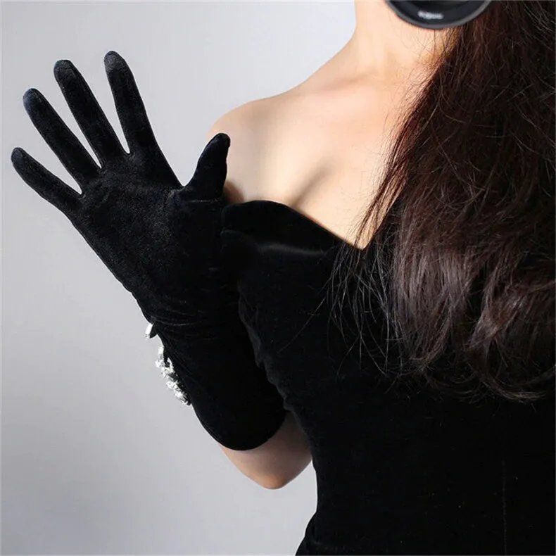 Rhinestone Black Velvet Gloves (40cm)
