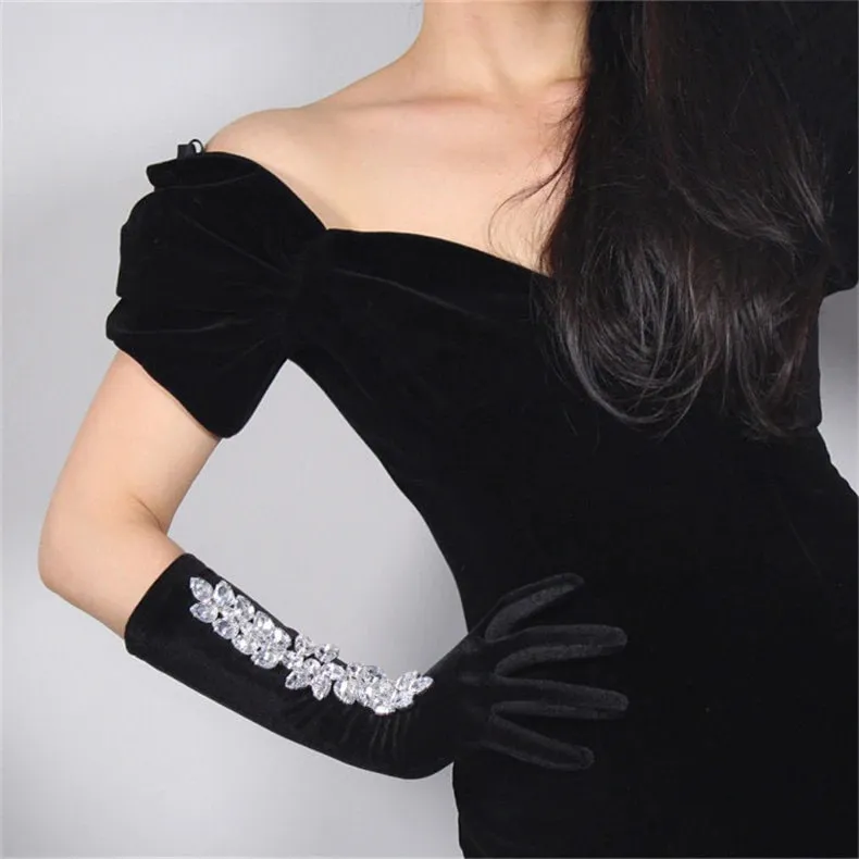 Rhinestone Black Velvet Gloves (40cm)