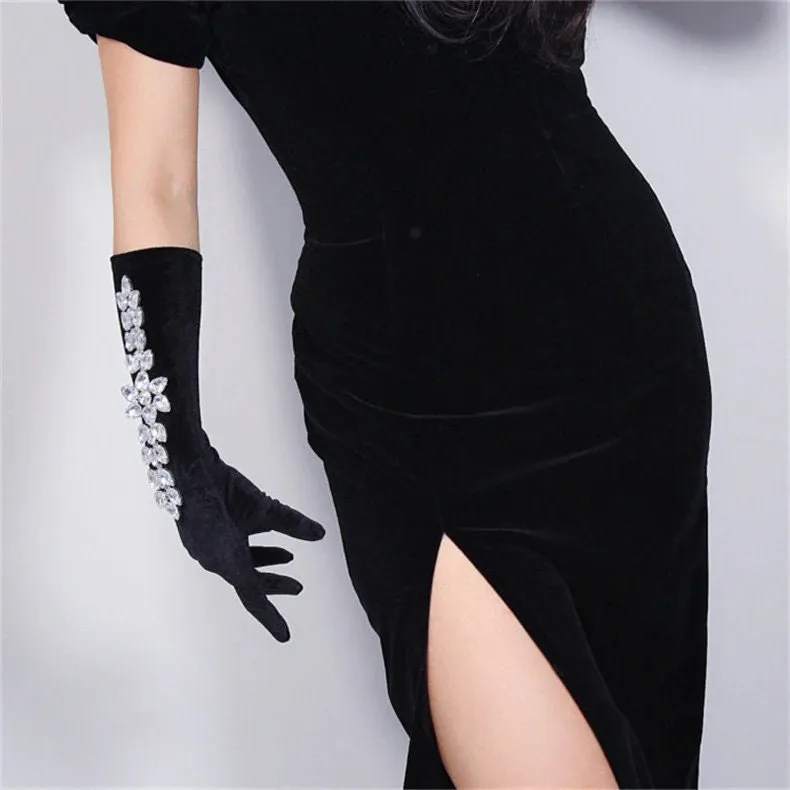 Rhinestone Black Velvet Gloves (40cm)