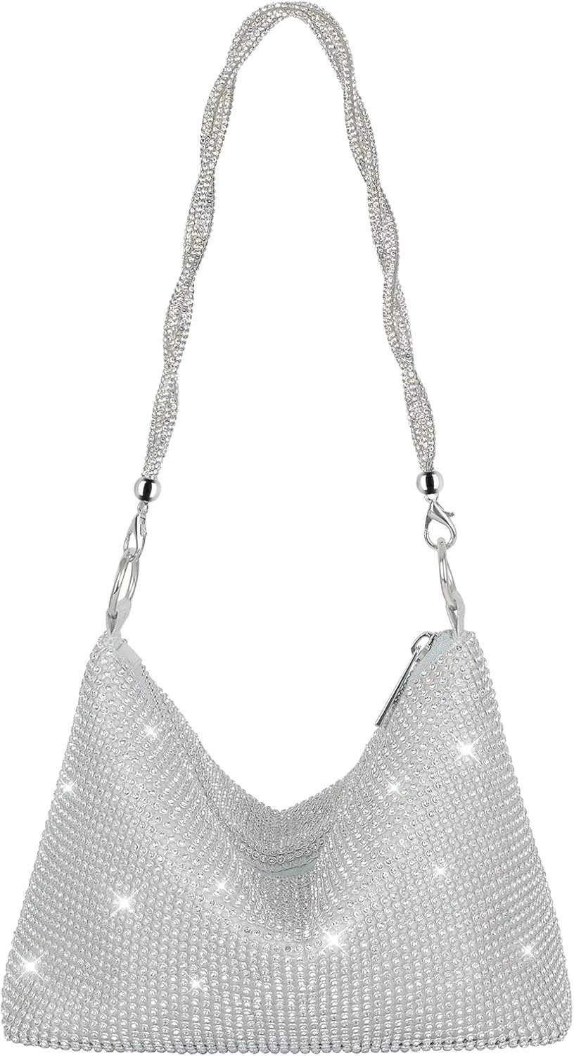 Rhinestone Clutch Purse for Women, Sparkly Hobo Bag Glitter Shoulder Bag Shiny Money Handbag for Date Party Prom
