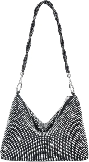 Rhinestone Clutch Purse for Women, Sparkly Hobo Bag Glitter Shoulder Bag Shiny Money Handbag for Date Party Prom