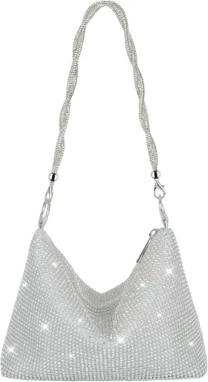 Rhinestone Clutch Purse for Women, Sparkly Hobo Bag Glitter Shoulder Bag Shiny Money Handbag for Date Party Prom