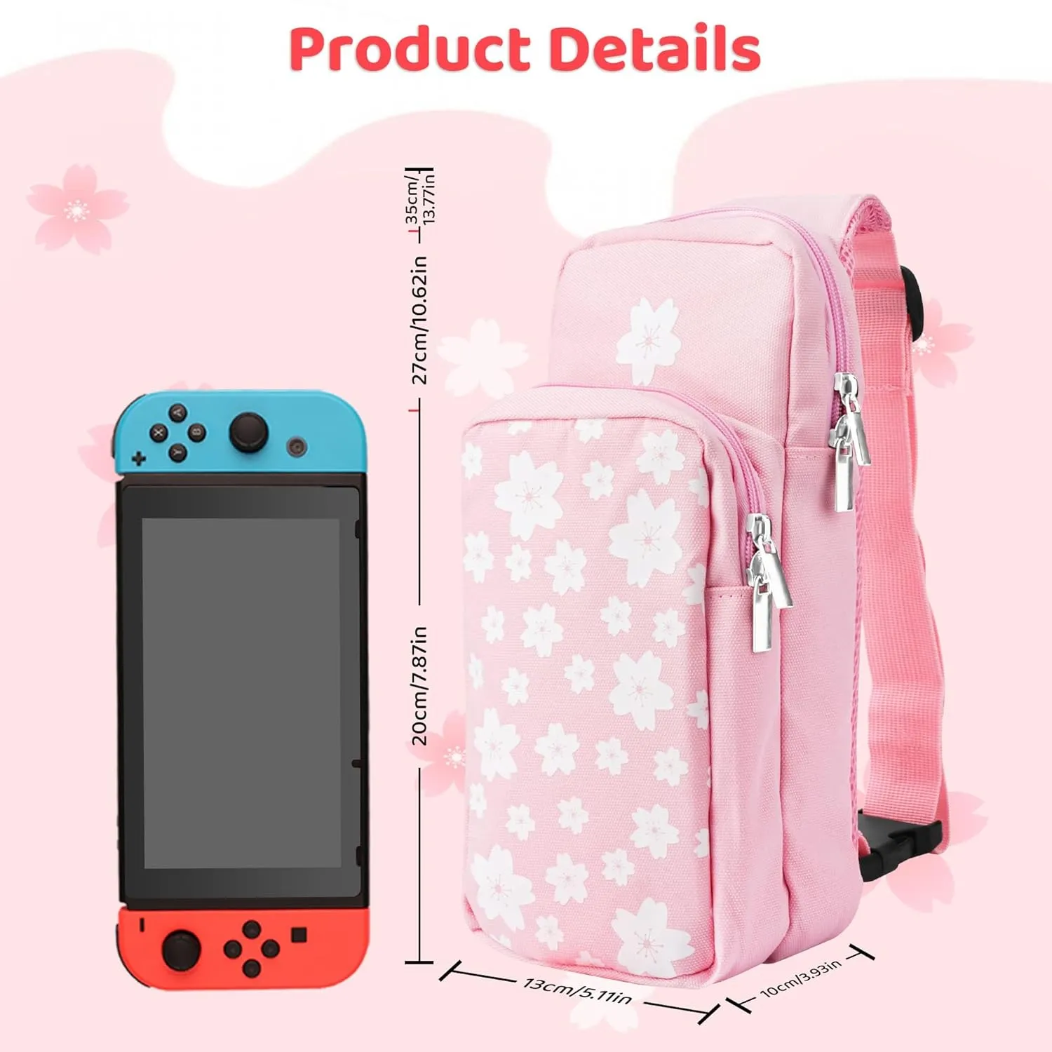 RHOTALL Pink Travel Bag for Nintendo Switch/Lite/OLED,Large Capacity Portable Carrying Case Compatible for Chest Shoulder Accessories Storage Backpack with12 Slots Game Case,Thumb Grip Caps-Sakura