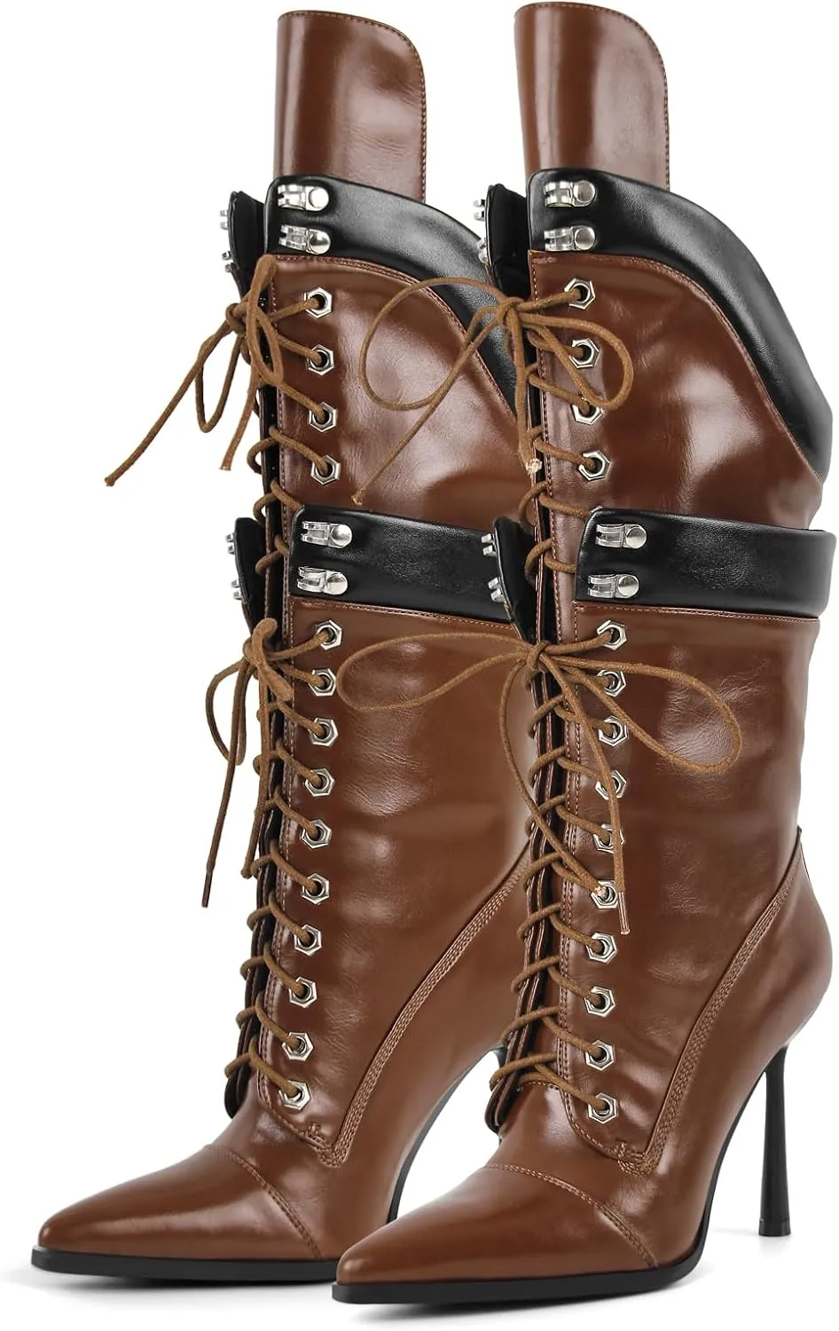 Richealnana Women's Double Lace Pointed Toe Stiletto High Heel Lace Up Strappy Knee High Boots