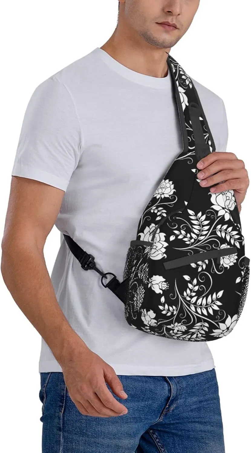 RIMENCH black and white flowers floral Sling Bag Multipurpose Sling Shoulder Backpack Fashion Sling Backpack Bag Premium Gym Bags Daypack Casual Chest Bag
