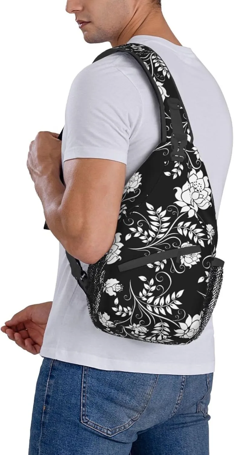 RIMENCH black and white flowers floral Sling Bag Multipurpose Sling Shoulder Backpack Fashion Sling Backpack Bag Premium Gym Bags Daypack Casual Chest Bag