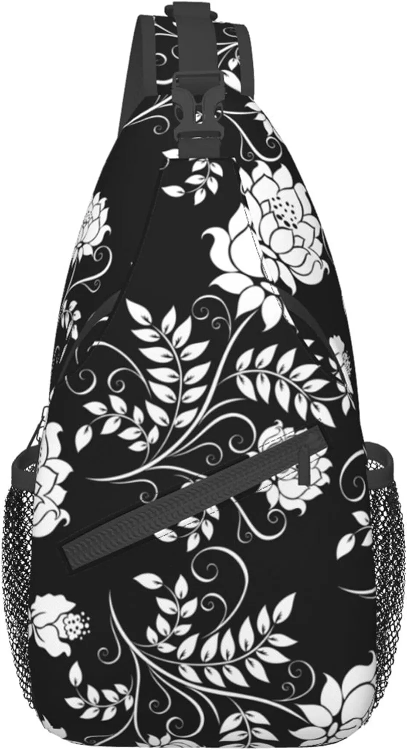 RIMENCH black and white flowers floral Sling Bag Multipurpose Sling Shoulder Backpack Fashion Sling Backpack Bag Premium Gym Bags Daypack Casual Chest Bag