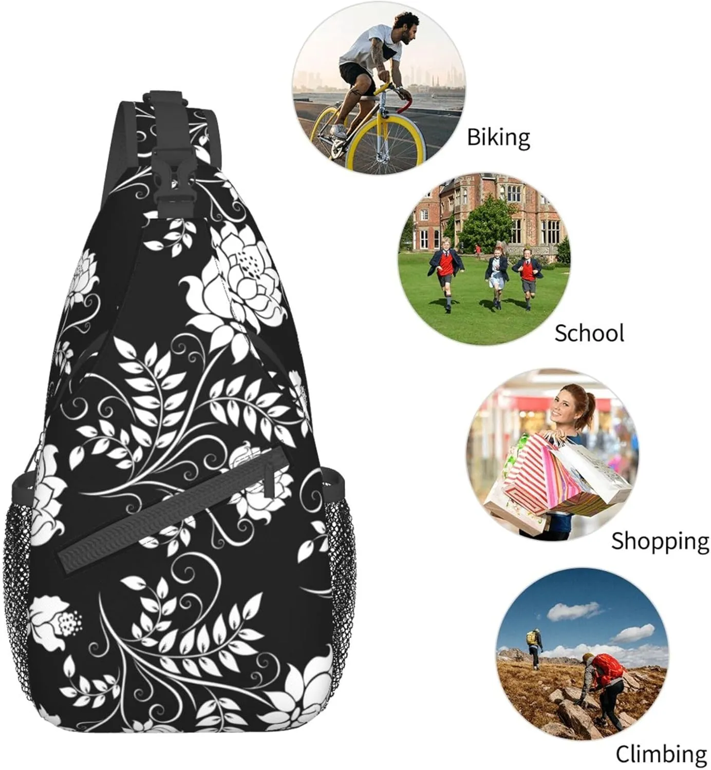 RIMENCH black and white flowers floral Sling Bag Multipurpose Sling Shoulder Backpack Fashion Sling Backpack Bag Premium Gym Bags Daypack Casual Chest Bag