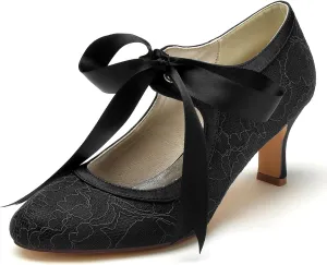 Roimaash Vintage Ribbon Lace Bow Wedding Pumps Round Toe