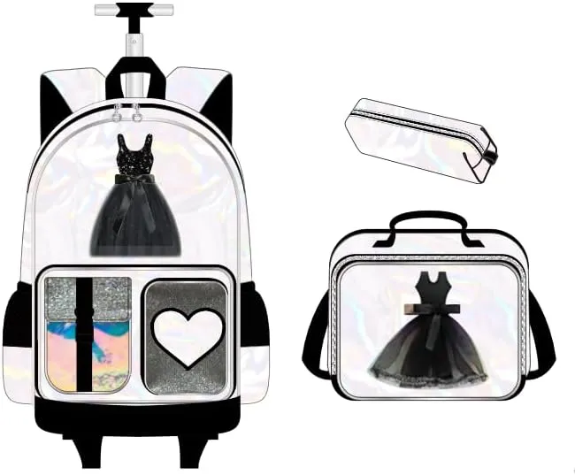 Rolling Backpack for Girls Backpack with Wheels for Elementary Student Kids School Bag with Lunch Box Pencil Case for Girls Ages 6-8 Years Old Black