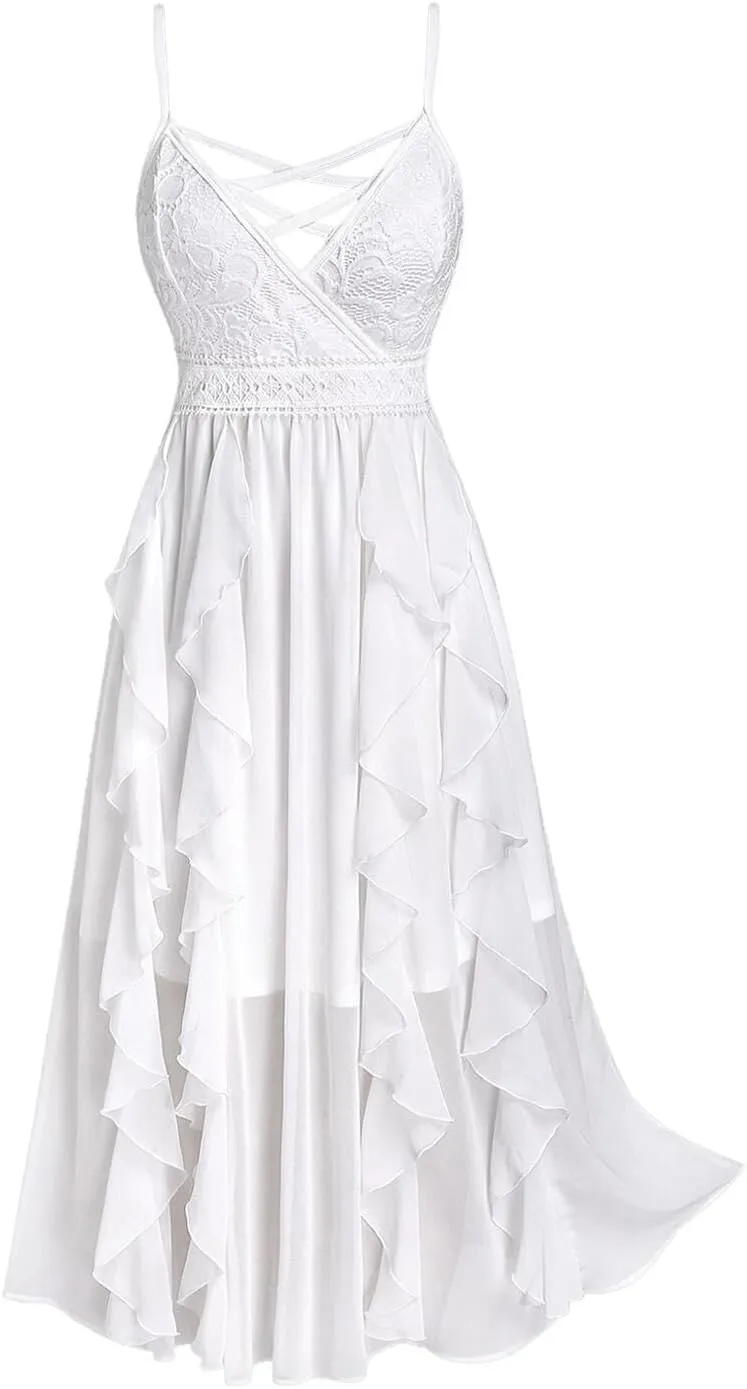 Rosegal Plus Size Party Dress for Women Lace Ruffles Cirsscross Cocktail Bridesmaid Wedding Guest Maxi Cami Formal Dress