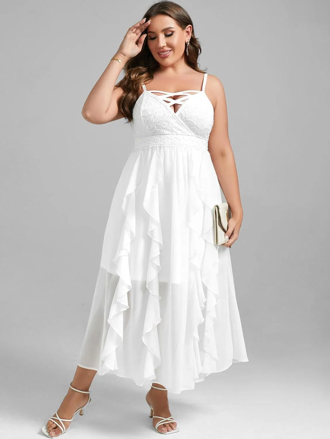 Rosegal Plus Size Party Dress for Women Lace Ruffles Cirsscross Cocktail Bridesmaid Wedding Guest Maxi Cami Formal Dress