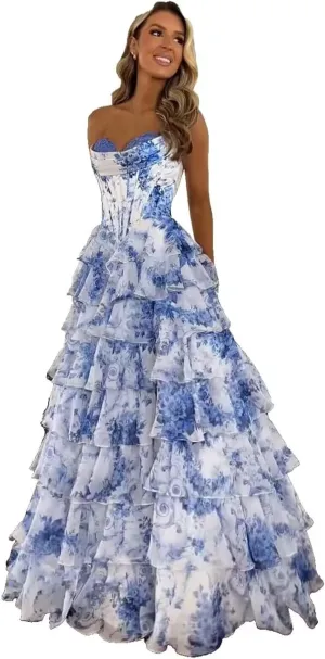 Ruffle Prom Dress Corset Tiered 2025 Strapless Long Chiffon Formal Evening Gown with Slit