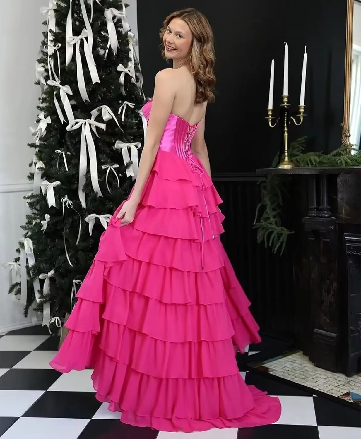 Ruffle Prom Dress Corset Tiered 2025 Strapless Long Chiffon Formal Evening Gown with Slit