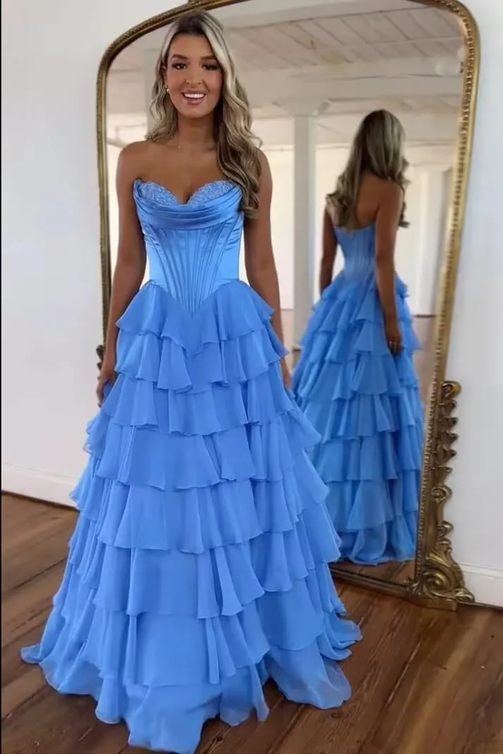 Ruffle Prom Dress Corset Tiered 2025 Strapless Long Chiffon Formal Evening Gown with Slit