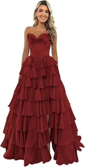 Ruffle Prom Dress Corset Tiered 2025 Strapless Long Chiffon Formal Evening Gown with Slit