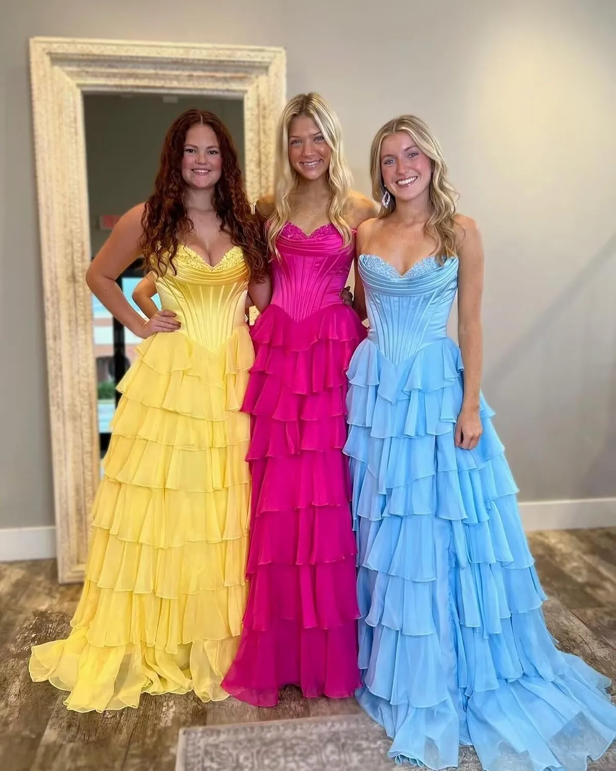 Ruffle Prom Dress Corset Tiered 2025 Strapless Long Chiffon Formal Evening Gown with Slit
