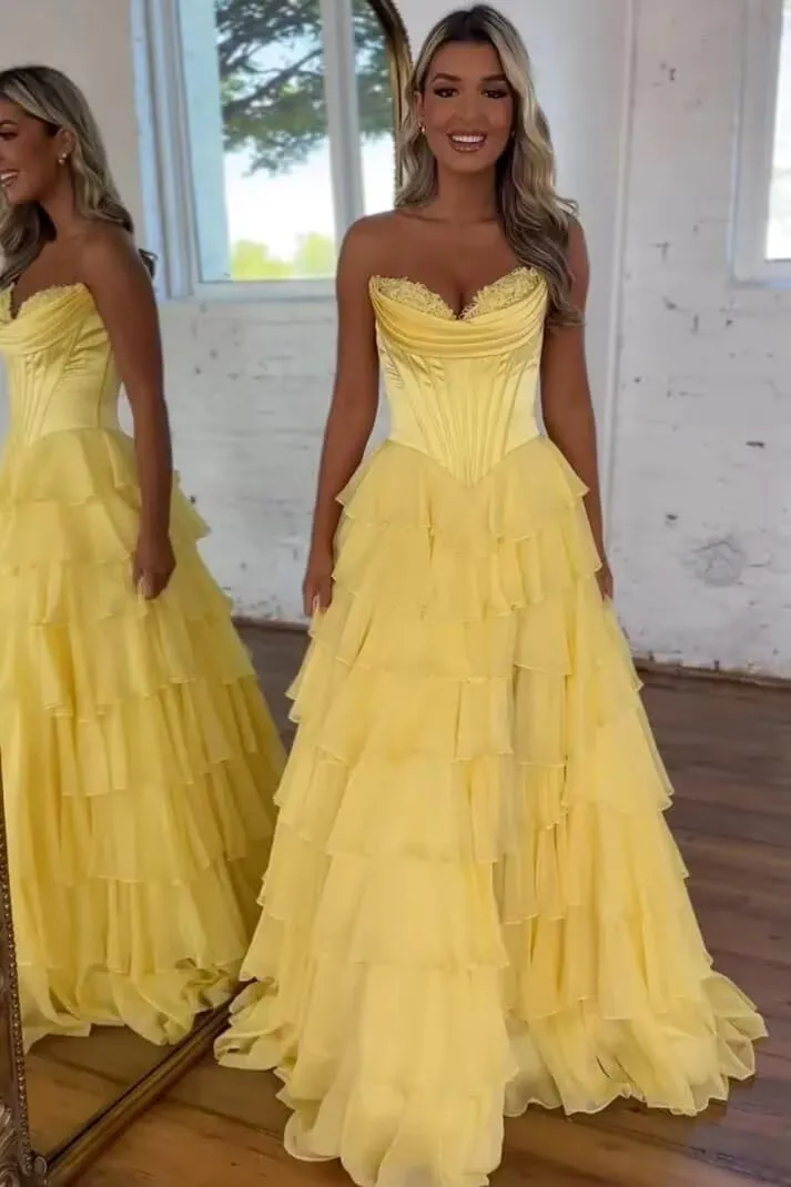 Ruffle Prom Dress Corset Tiered 2025 Strapless Long Chiffon Formal Evening Gown with Slit