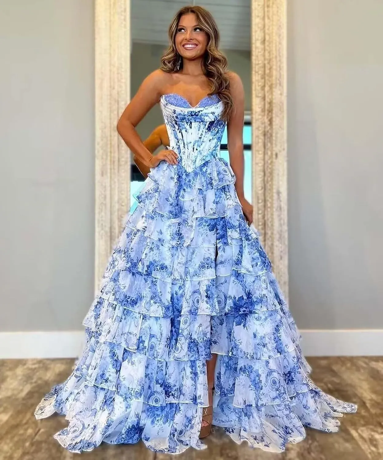 Ruffle Prom Dress Corset Tiered 2025 Strapless Long Chiffon Formal Evening Gown with Slit