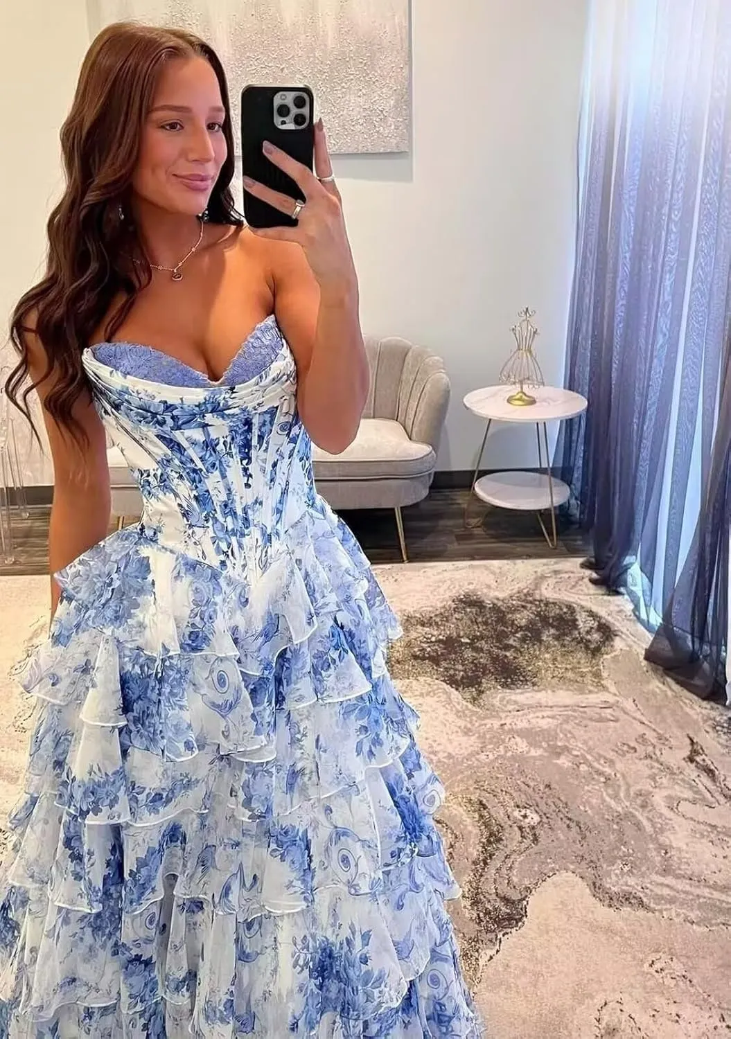Ruffle Prom Dress Corset Tiered 2025 Strapless Long Chiffon Formal Evening Gown with Slit