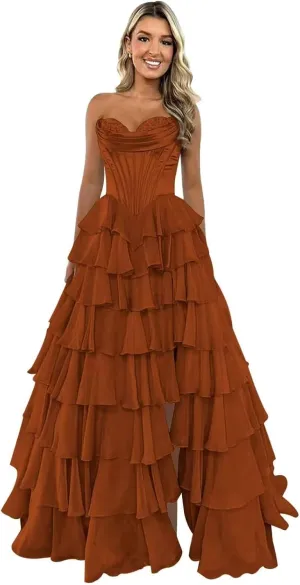 Ruffle Prom Dress Corset Tiered 2025 Strapless Long Chiffon Formal Evening Gown with Slit