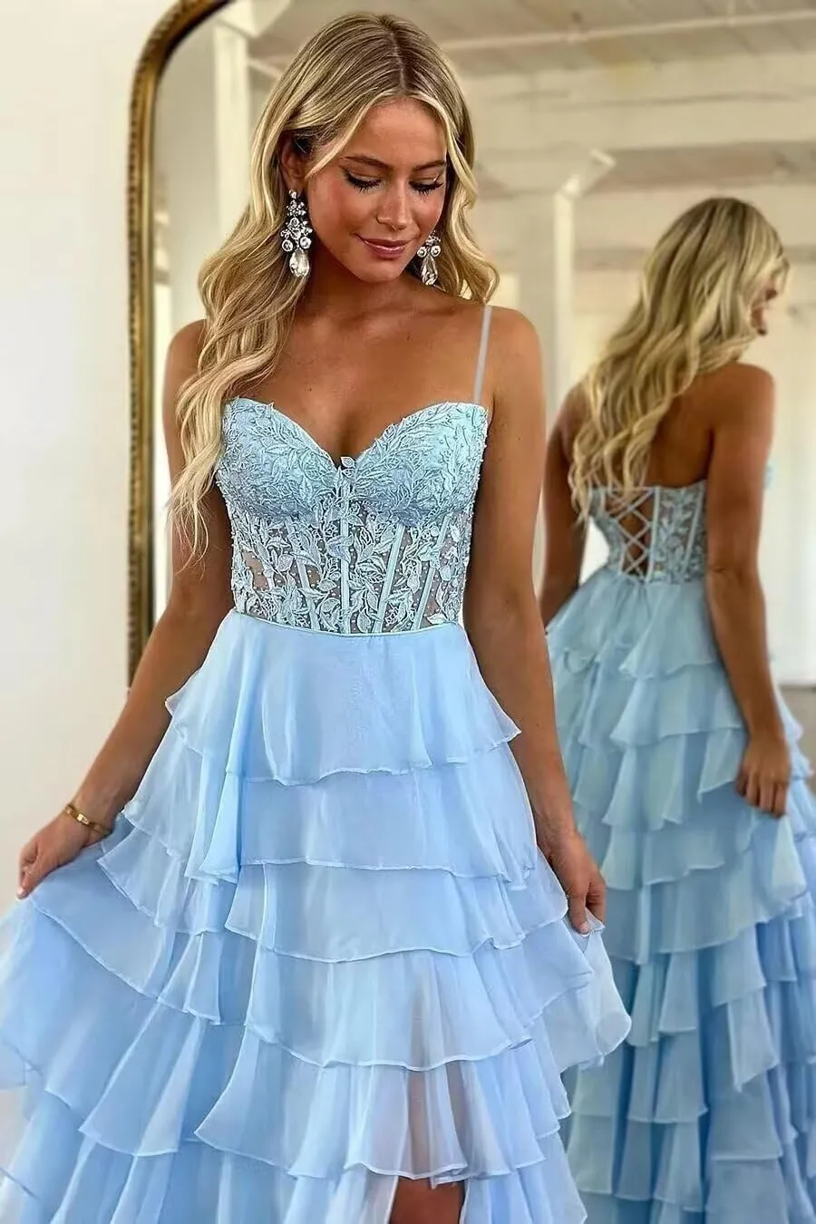 Ruffle Tiered Prom Dress for Women Chiffon Layered Lace Corset Evening Party Gowns with Slit