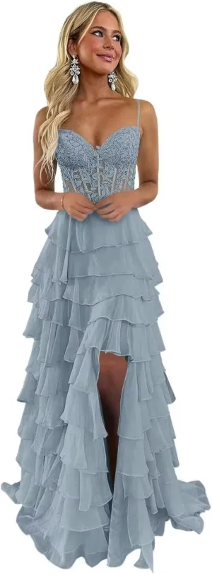 Ruffle Tiered Prom Dress for Women Chiffon Layered Lace Corset Evening Party Gowns with Slit