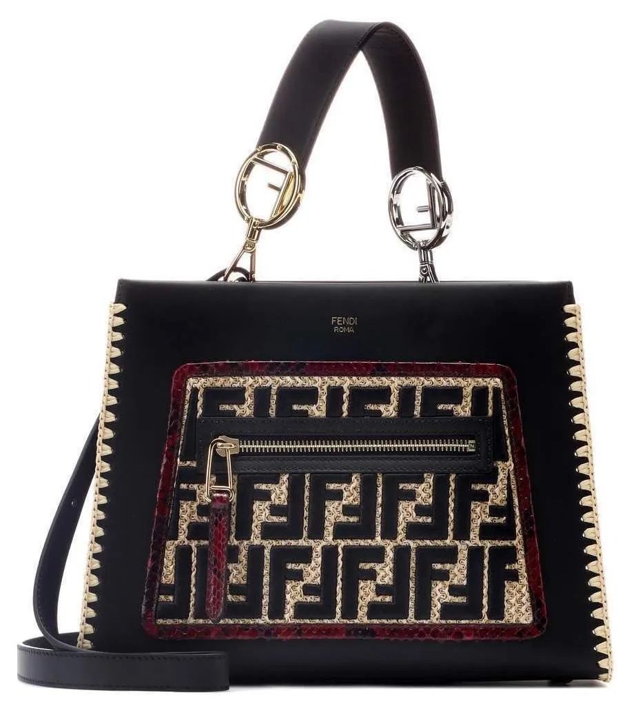 Runaway Small Python and Embroidered Raffia-Trimmed Leather Tote