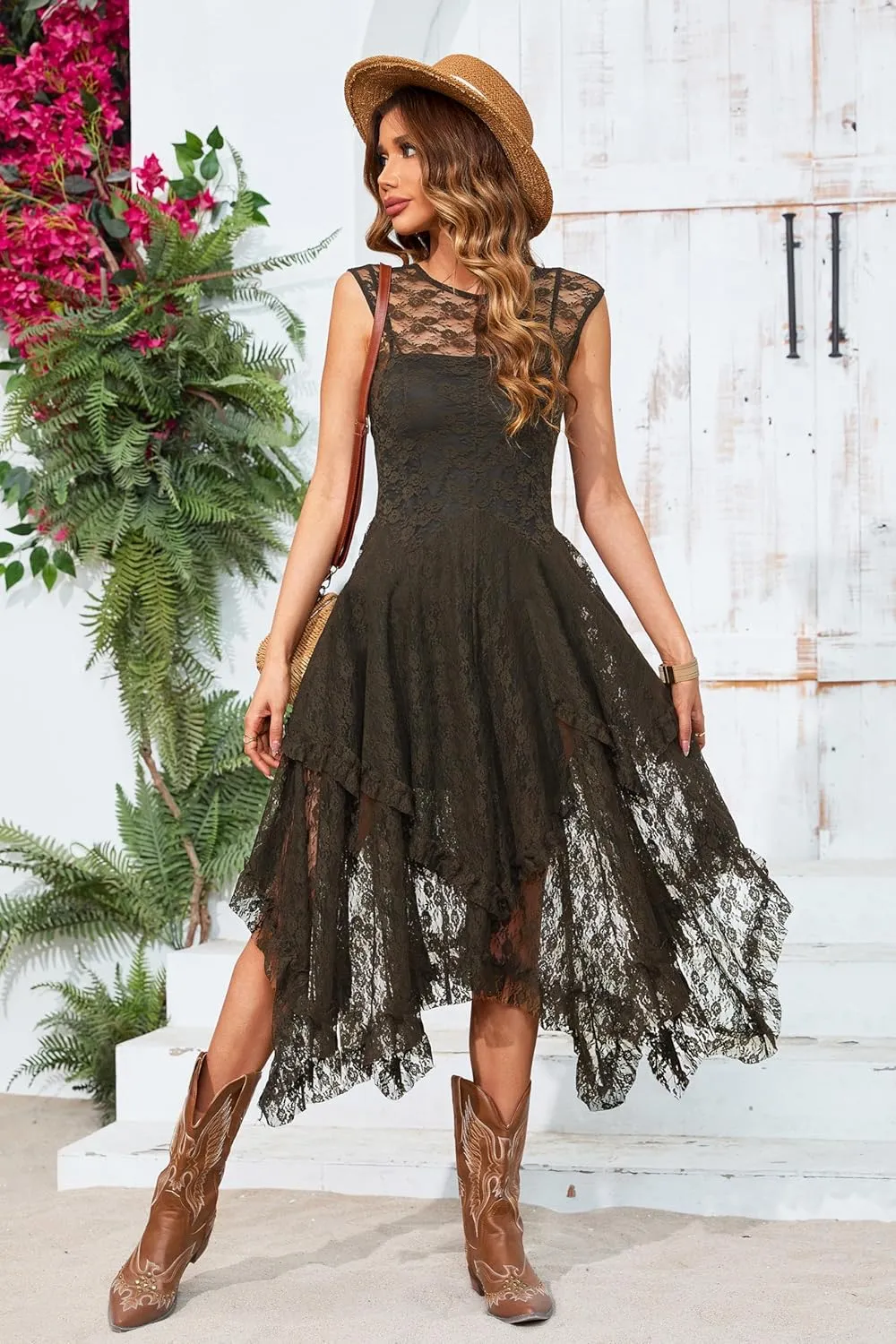 R.Vivimos Womens Sleeveless Backless Asymmetrical Layered Lace Long Dress with Slip Two Pieces
