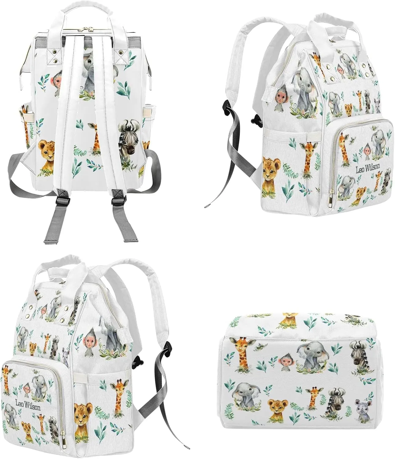 Safari Animal Elephant Zebra Leopard Personalized Name Diaper Bag Backpack,Custom Travel DayPack for Nappy Mommy Bag Gift
