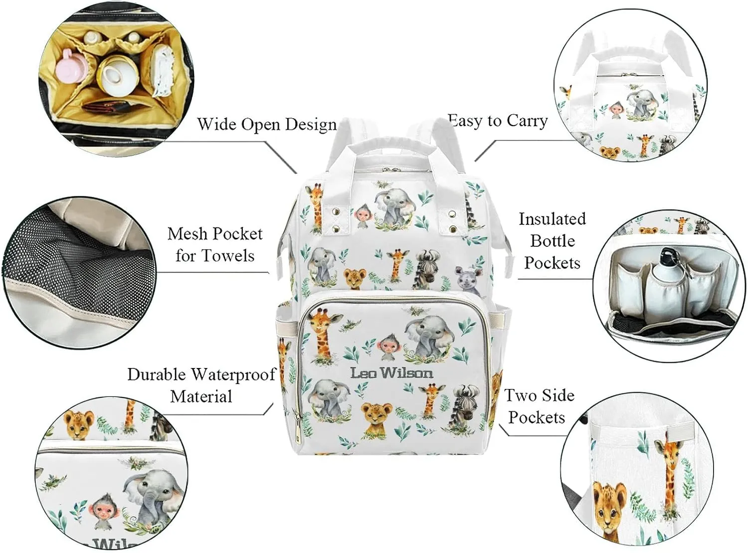 Safari Animal Elephant Zebra Leopard Personalized Name Diaper Bag Backpack,Custom Travel DayPack for Nappy Mommy Bag Gift