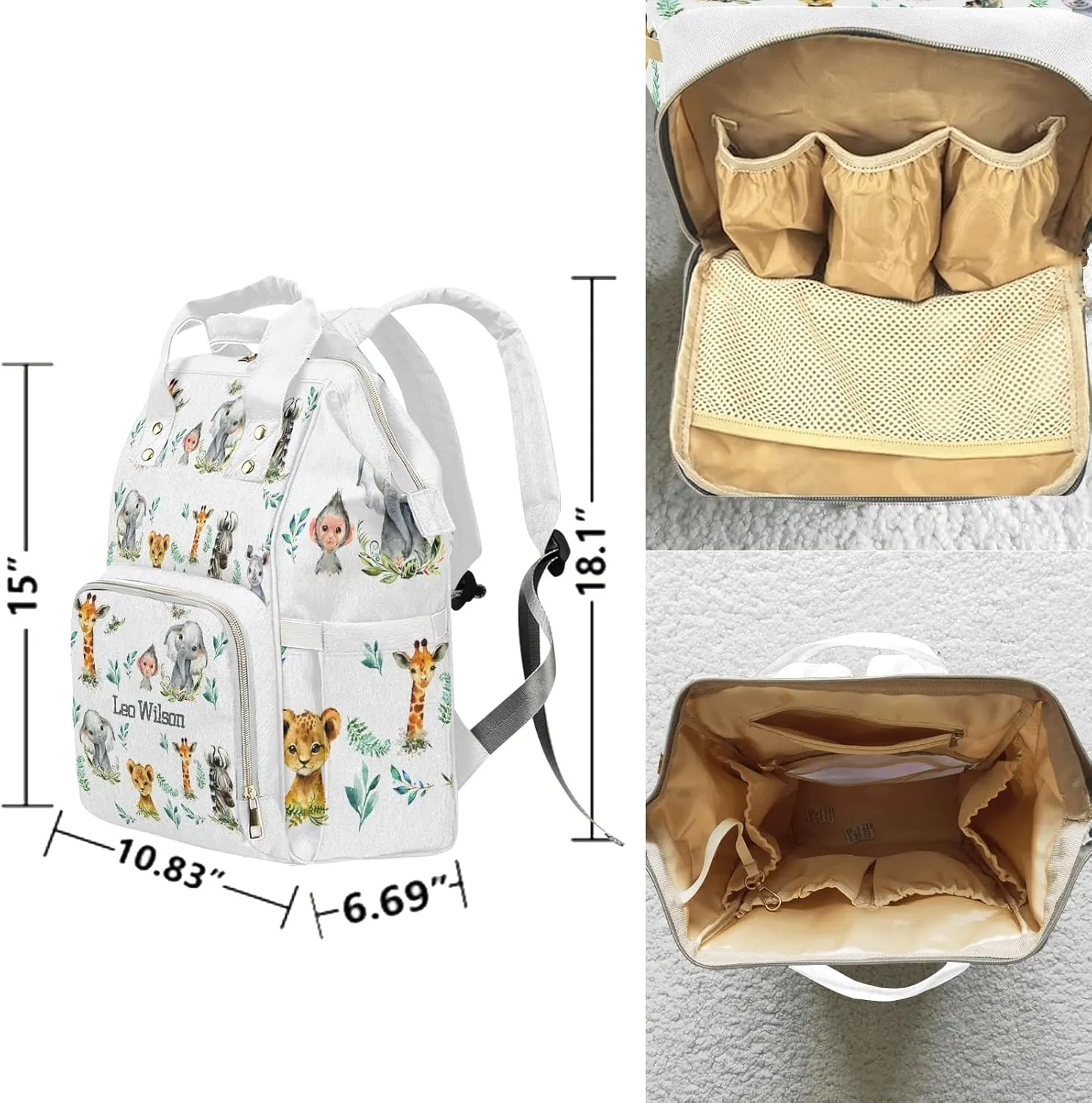 Safari Animal Elephant Zebra Leopard Personalized Name Diaper Bag Backpack,Custom Travel DayPack for Nappy Mommy Bag Gift
