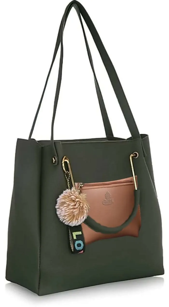 SAGIRON Dark Green Leatherette Handbag with Cute Tassel