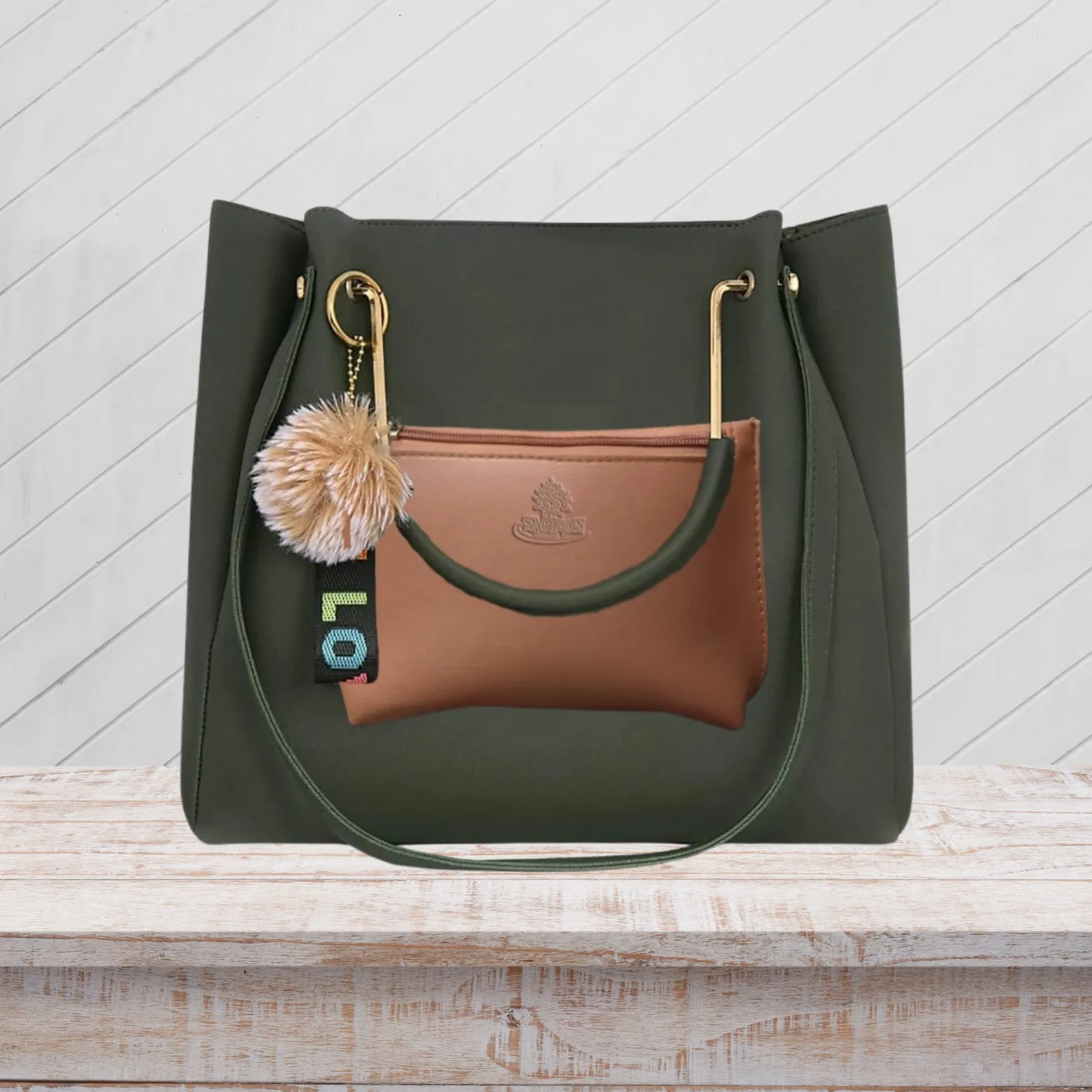 SAGIRON Dark Green Leatherette Handbag with Cute Tassel
