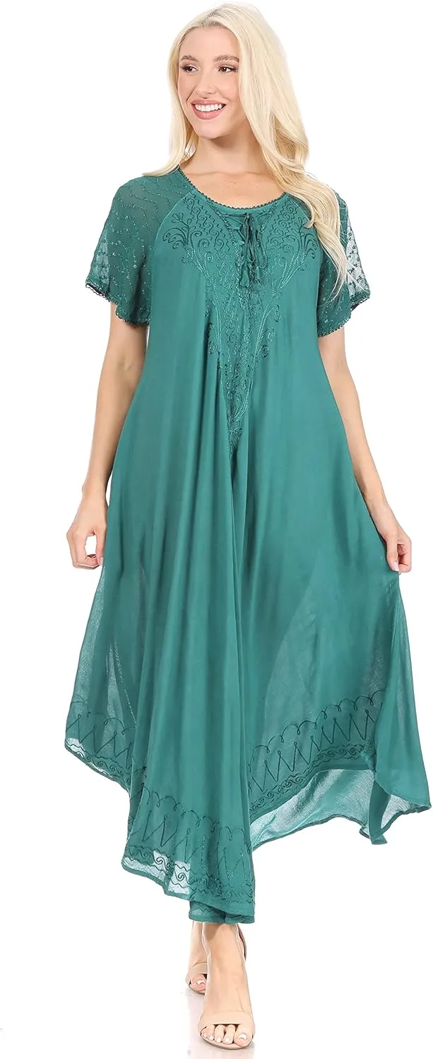 Sakkas Egan Long Embroidered Caftan Dress/Cover Up with Embroidered Cap Sleeves