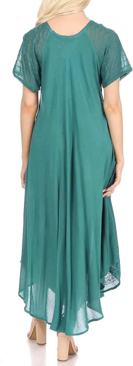 Sakkas Egan Long Embroidered Caftan Dress/Cover Up with Embroidered Cap Sleeves