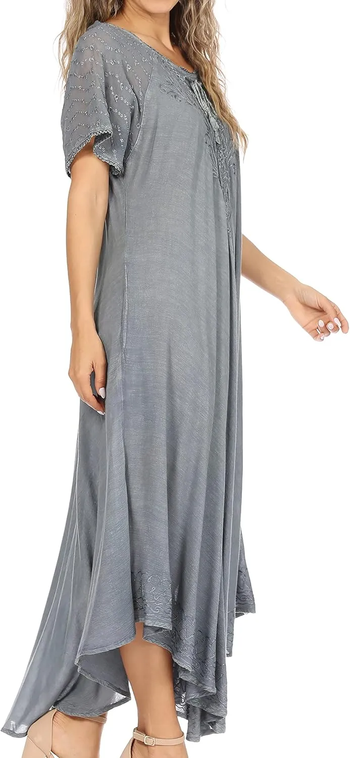 Sakkas Egan Long Embroidered Caftan Dress/Cover Up with Embroidered Cap Sleeves