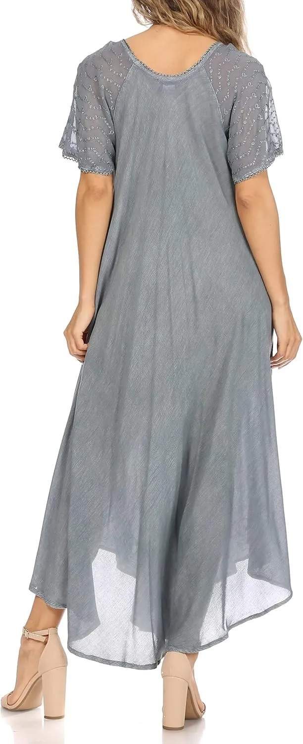Sakkas Egan Long Embroidered Caftan Dress/Cover Up with Embroidered Cap Sleeves