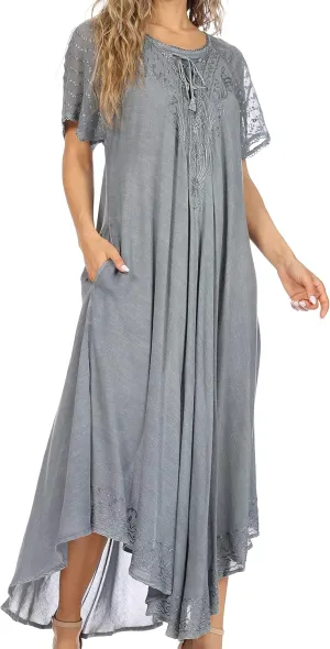 Sakkas Egan Long Embroidered Caftan Dress/Cover Up with Embroidered Cap Sleeves