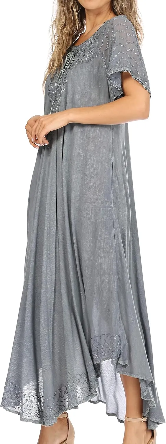 Sakkas Egan Long Embroidered Caftan Dress/Cover Up with Embroidered Cap Sleeves