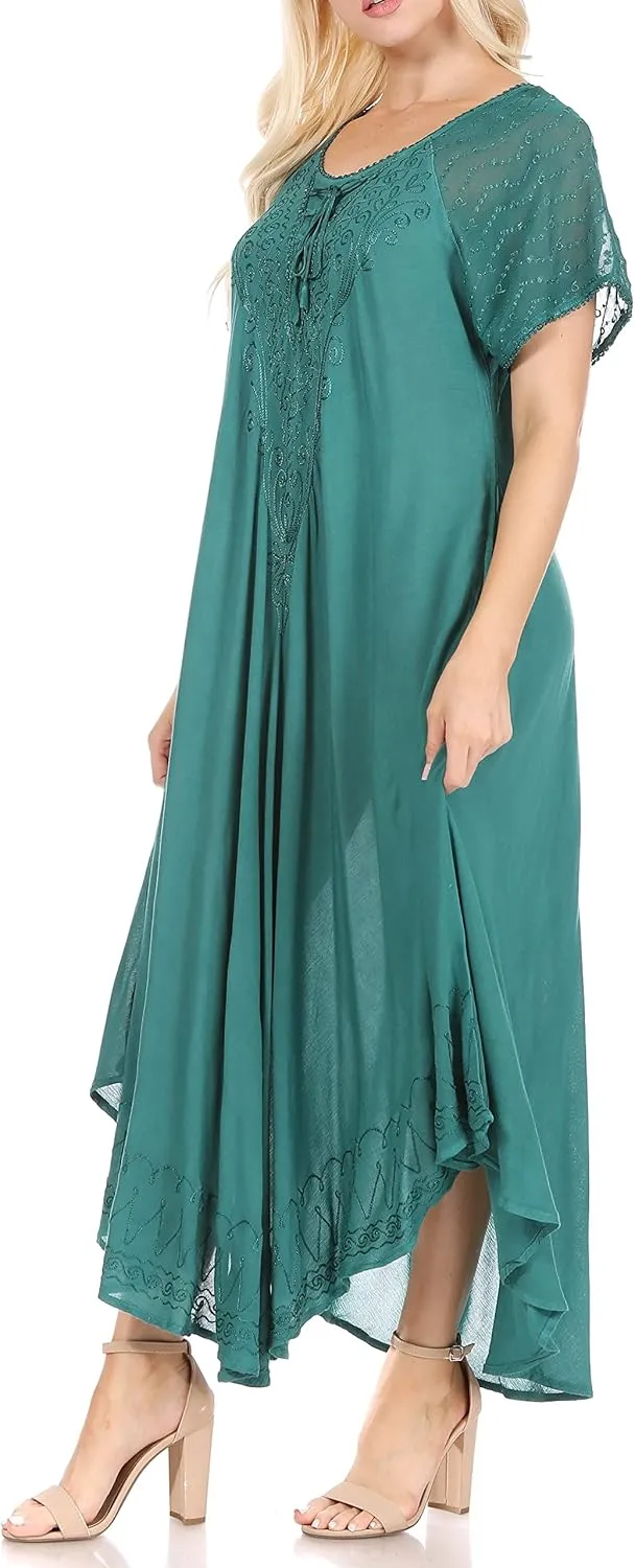 Sakkas Egan Long Embroidered Caftan Dress/Cover Up with Embroidered Cap Sleeves