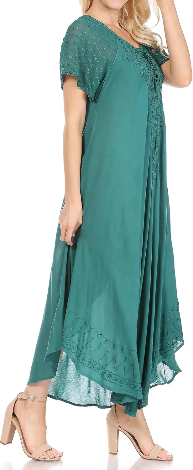 Sakkas Egan Long Embroidered Caftan Dress/Cover Up with Embroidered Cap Sleeves