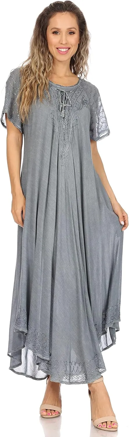 Sakkas Egan Long Embroidered Caftan Dress/Cover Up with Embroidered Cap Sleeves