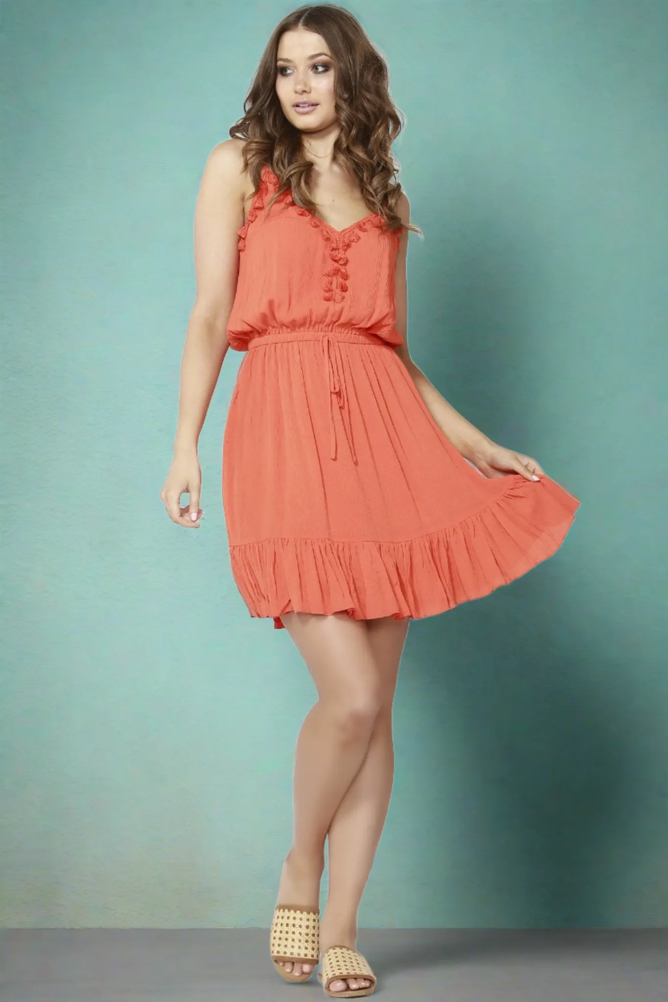 Sass Tongue Tied Tasseled Dress in Persimmon