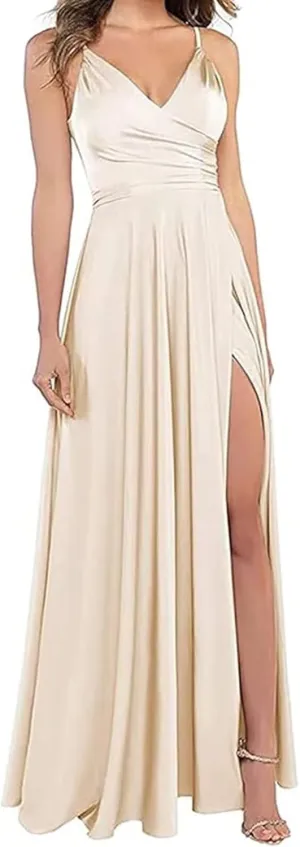 Satin Bridesmaid Dresses for Women Prom Dresses 2025 V-Neck A-Line Formal Wedding Guest Dress with Slit LNL054