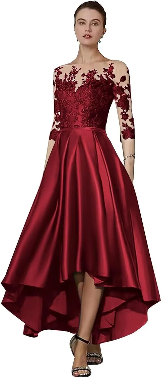 Satin Lace Tea Length Mother of The Bride Dresses for Wedding High Low Lace Appliques Prom Evening Formal Gown