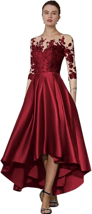 Satin Lace Tea Length Mother of The Bride Dresses for Wedding High Low Lace Appliques Prom Evening Formal Gown